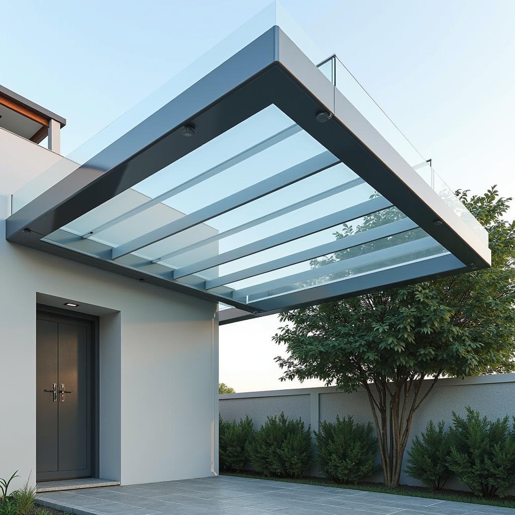 Mẫu mái che lấy sáng bằng tấm polycarbonate phẳng, thiết kế hiện đại, phù hợp với hiên nhà hoặc gara.